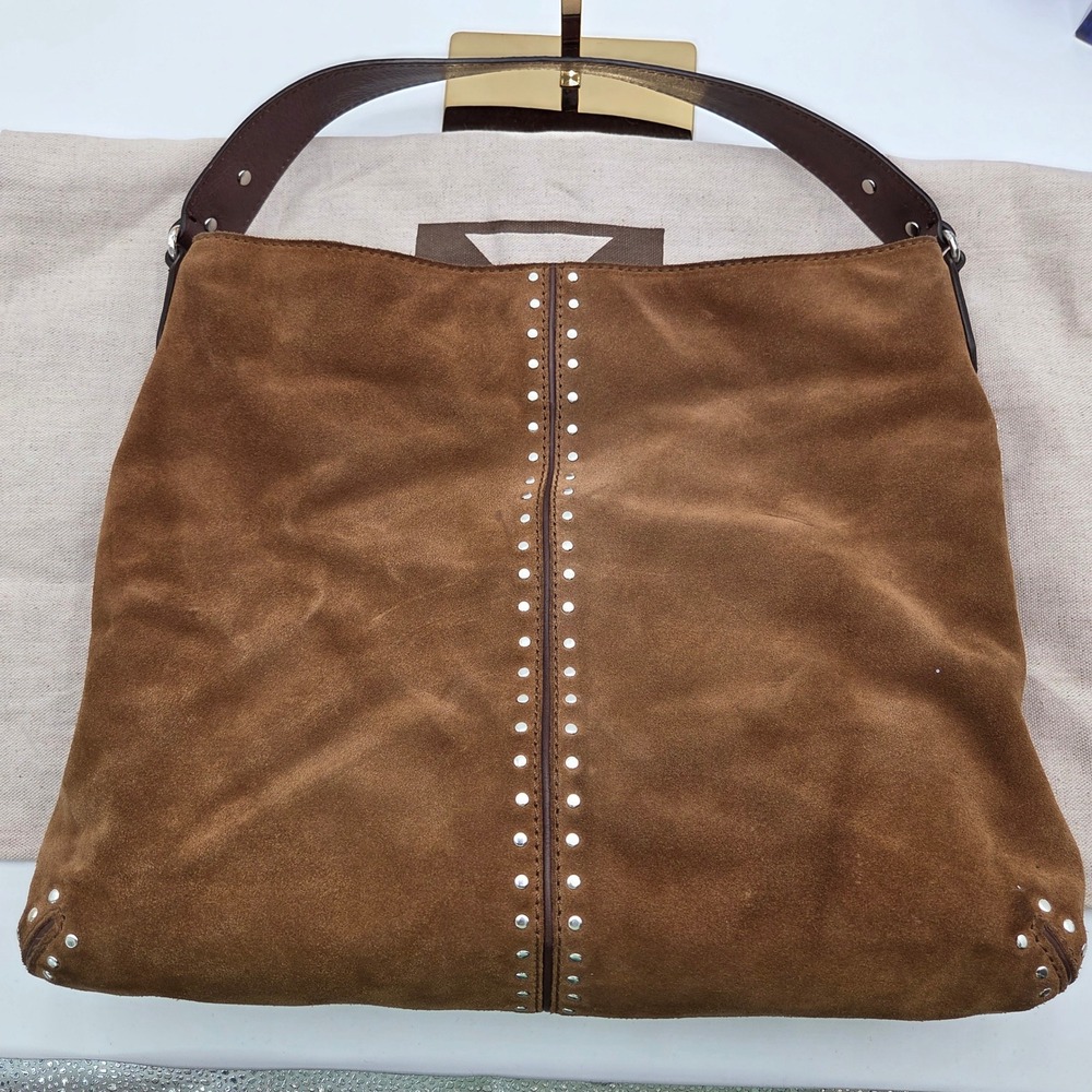 Michael Kors Large Slouchy Suede Hobo Bag Brown Studded Leather Y2K Dust Bag - Picture 4 of 11